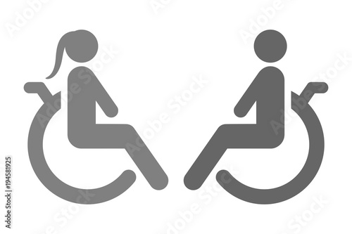 Disabled woman and handicapped man seating on wheelchair. Vector icon.
