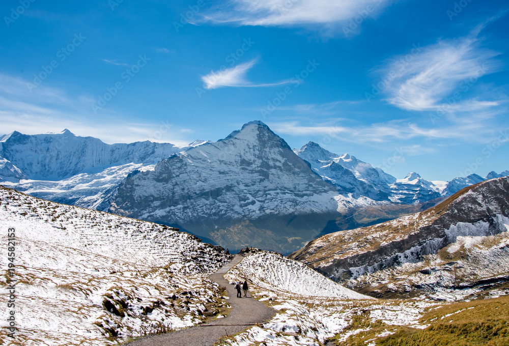Pass way to  Bachalpsee - mountain lake above Grindelwald, Switzerland.