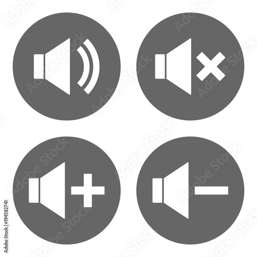 Sound volume control buttons set. Mute, unmute, quieter, louder icons in circle. Vector.