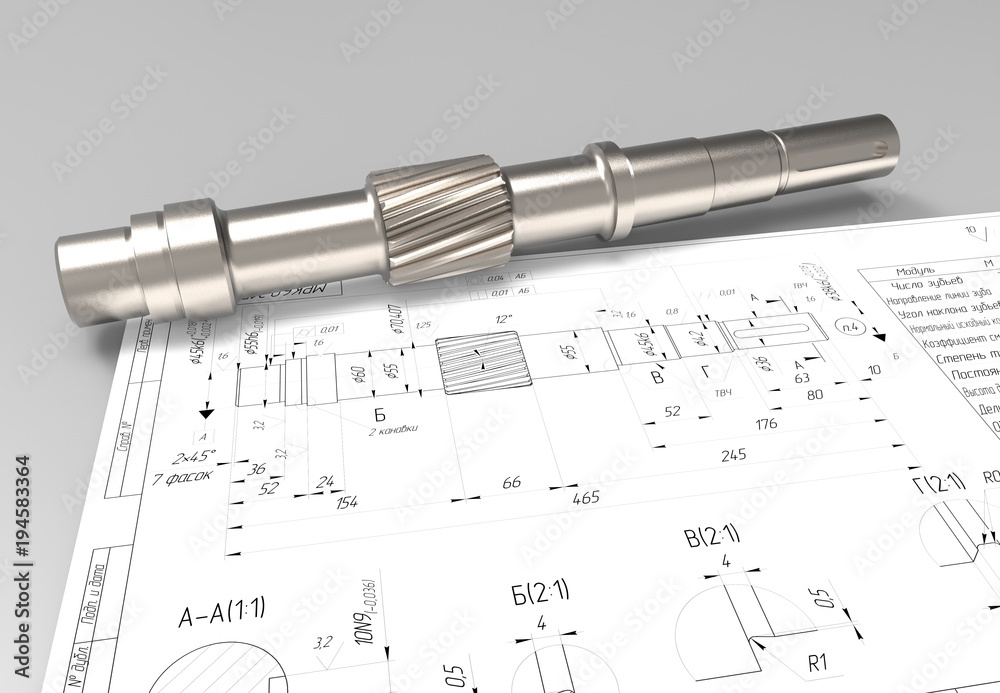 drawing of machine parts. Design documentation. Drawings and metal parts. Shaft, pinion, bushing and paper drawings. 3D rendering. drawing of machine parts. Design documentation. Drawings and metal parts. Shaft, pinion, bushing and paper drawings. 3D rendering.