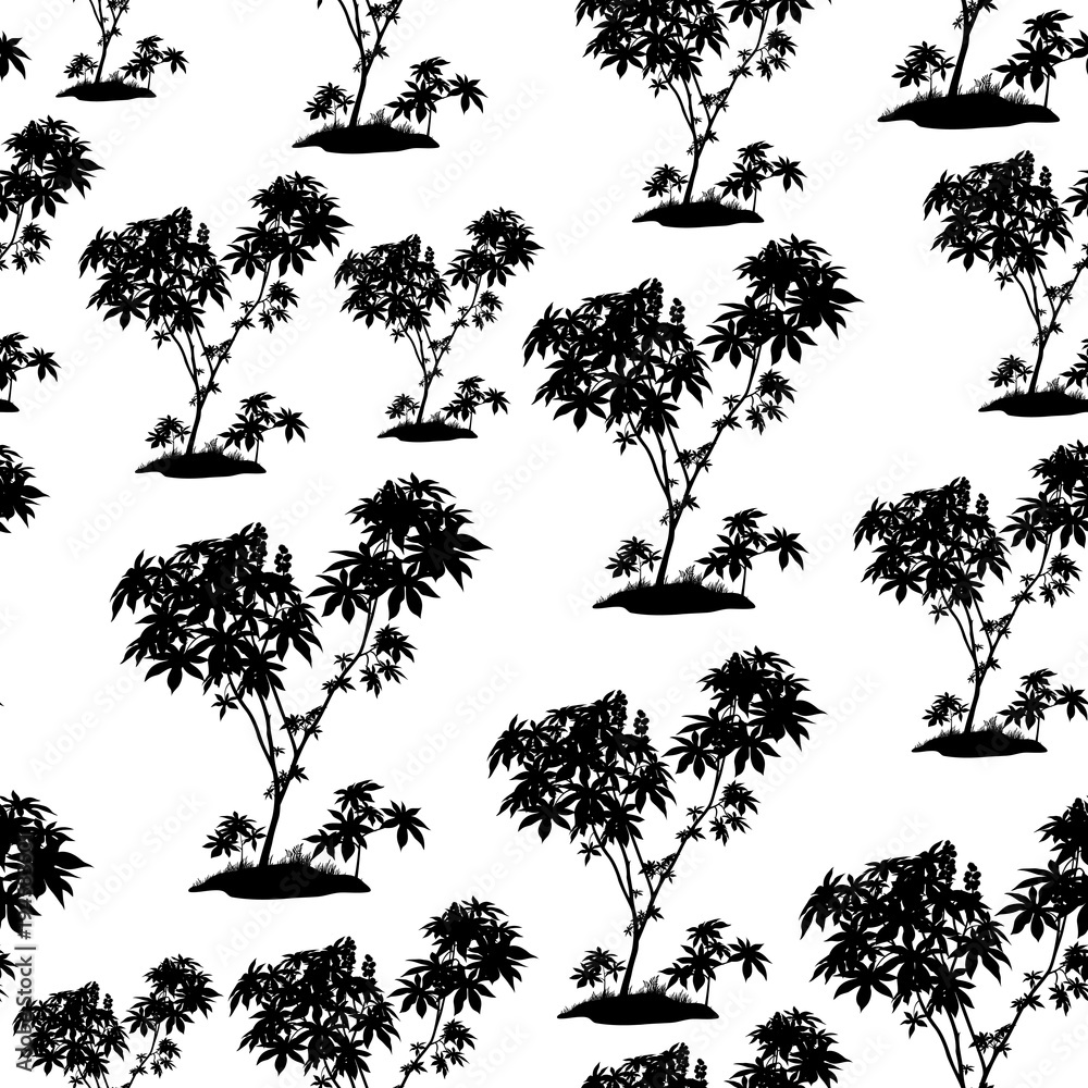 Obraz premium Seamless Pattern, Castor Plant, Black Silhouette Isolated on Tile White Background. Vector