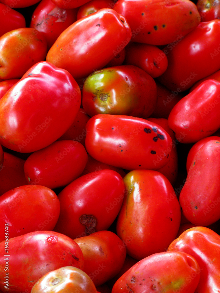 Saint Paul / La Reunion: Elongated ecological tomatoes at a market stand on the open market on the seafront esplanade Saint Paul / La Reunion: Elongated ecological tomatoes at a market stand on the open market on the seafront esplanade