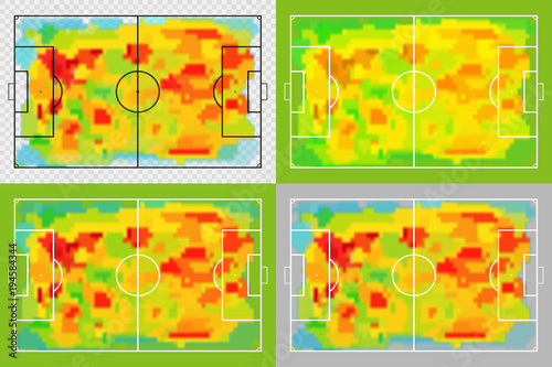 Football or soccer field with different heat map. Map of location players during the game. Tactical and strategy football background. Sport background.