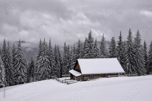 Summer hut of shepherds in winter. © Vitalfoto