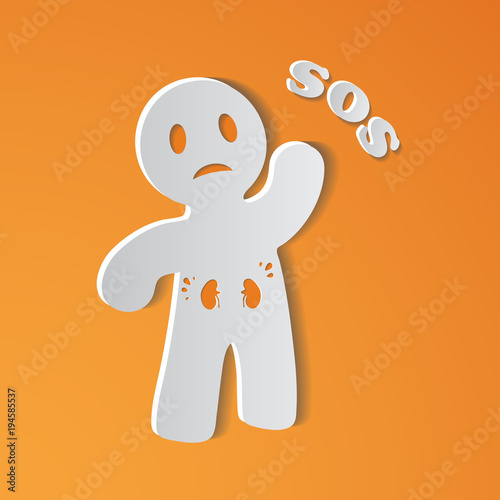 Sick Person Suffering From Kidneys Ache With Placard Inscripted SOS, Asking Doctor Or Patient For Medical Help, Care Or Treatment. Vector Illustration. Cancer, Infection, Pain. Medical concept.