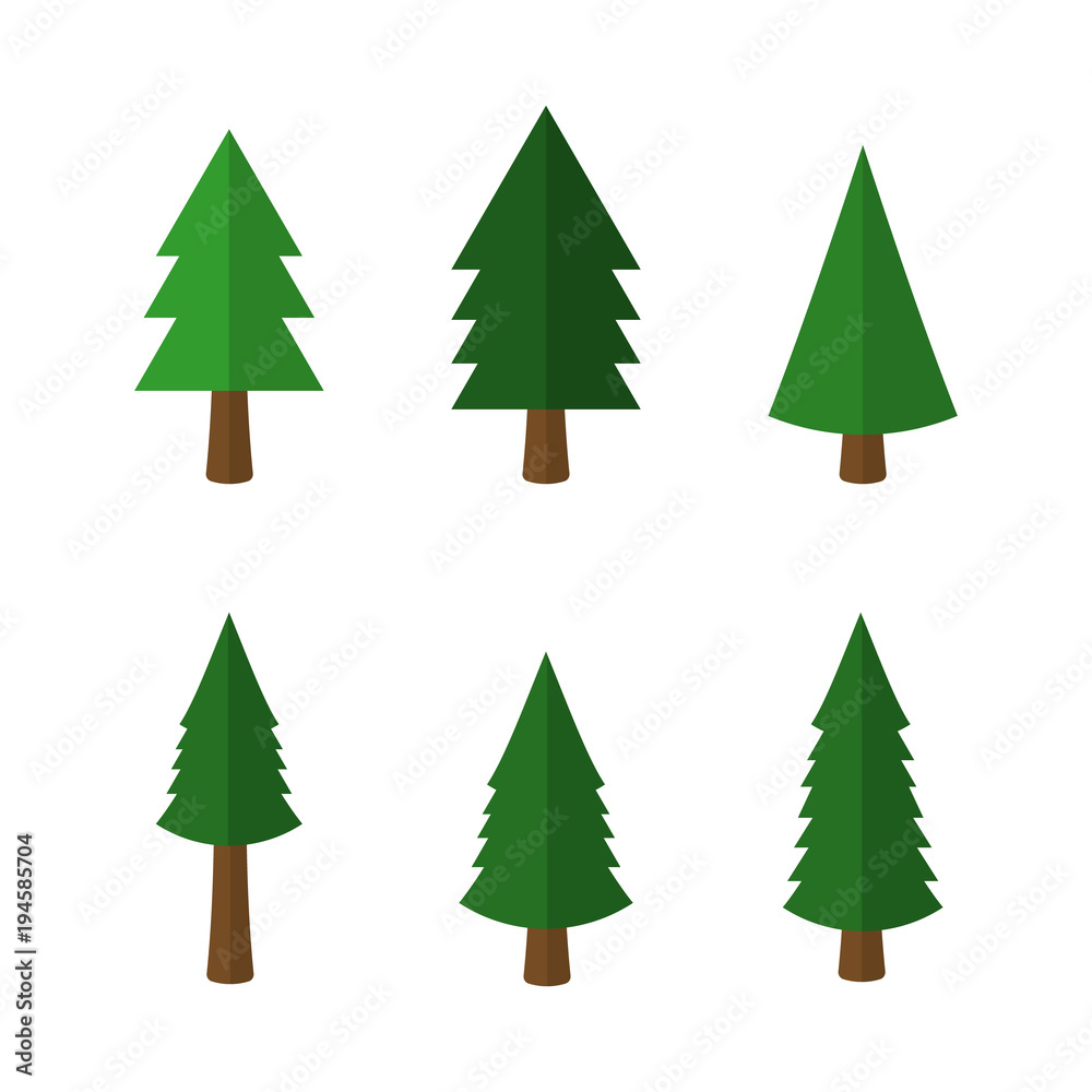 Cartoon christmas trees icons isolated on white background. Vector illustration.