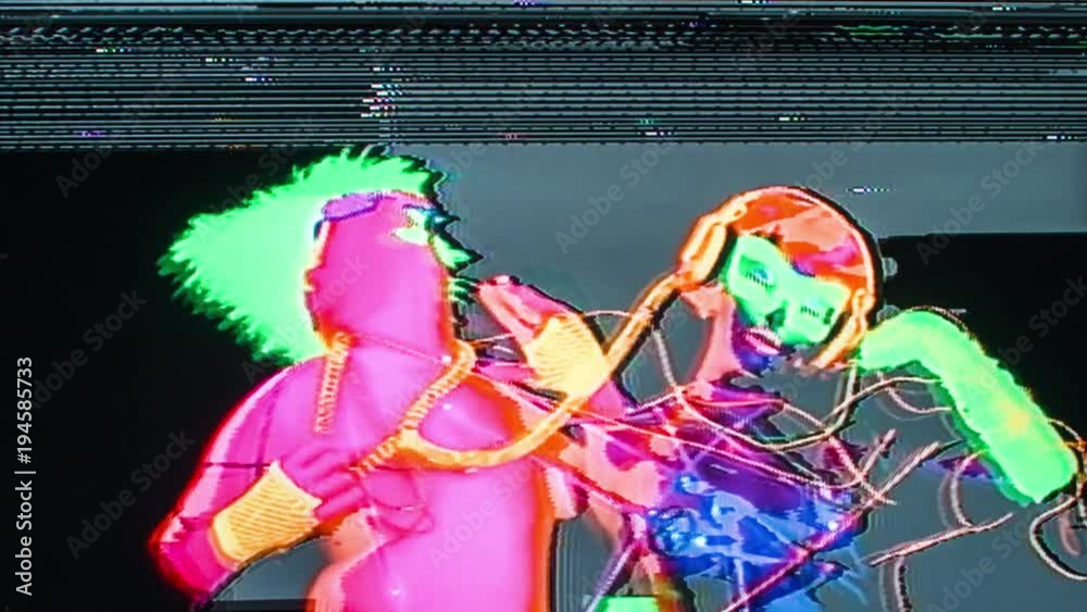 glow raver man and woman tied up together with led cables, filmed in ...
