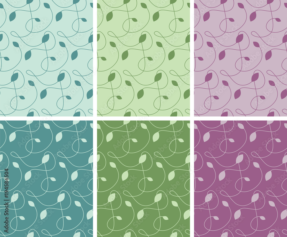 Fototapeta premium Vector seamless patterns set for natural cosmetics or beauty product packaging - abstract backgrounds with branches and leaves