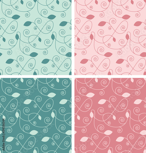Vector seamless patterns set for natural cosmetics or beauty product packaging - abstract backgrounds with branches and leaves