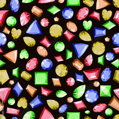 Seamless pattern with precious stones of different colors. Vector