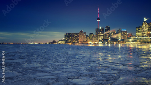Toronto's Winter skyline, the view from Cherry Street, Toronto, Ontario, Canada. 