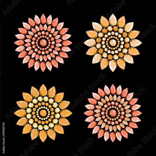 Set of multi-colored jewelry in  shape of  flower. Flowers made of precious stones. Brooch or pendant of diamonds. Vector
