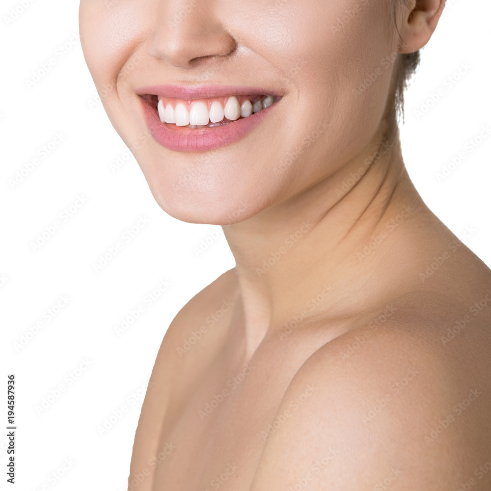 Beauty female portrait. Laughing woman mouth with great teeth over white background. Healthy beautiful female smile. Teeth health, whitening, prosthetics and care. Beauty female portrait. Laughing woman mouth with great teeth over white background. Healthy beautiful female smile. Teeth health, whitening, prosthetics and care.