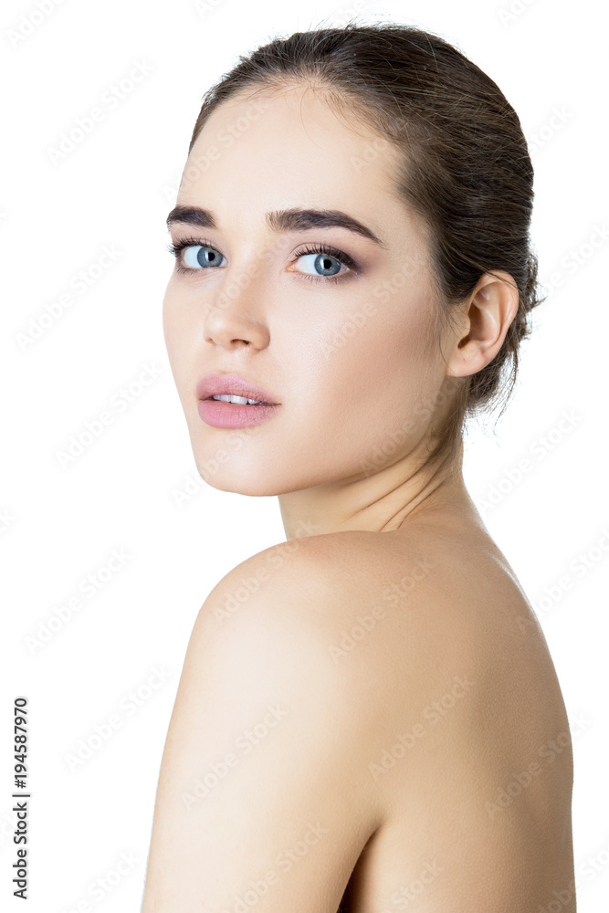 Beauty female portrait. Beautiful young smiling woman posing over white background. Healthcare, youth and aging, spa, cosmetology concept. Beauty female portrait. Beautiful young smiling woman posing over white background. Healthcare, youth and aging, spa, cosmetology concept.