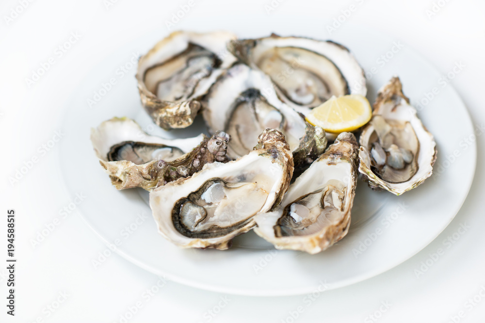 Oysters. Raw fresh oysters with lemon are on white round plate, image isolated, with soft focus.