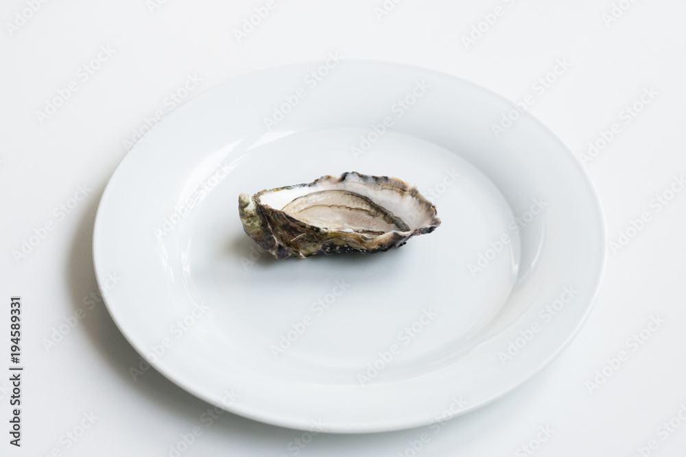Oysters. Raw fresh oysters are on white round plate, image isolated, with soft focus. Restaurant delicacy. Oysters. Raw fresh oysters are on white round plate, image isolated, with soft focus. Restaurant delicacy.