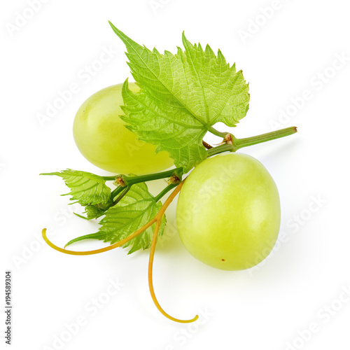 Green grape. Two fresh berries with leaves and tendrils isolated on white. Full depth of field.