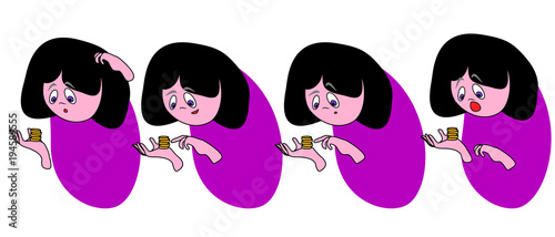 a set of cartoon girls with money in one hand experiencing various emotions. surprise, joy, discontent, puzzlement