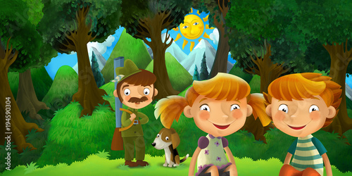 cartoon scene with kids in the forest near some hunter sitting and resting - illustration for children