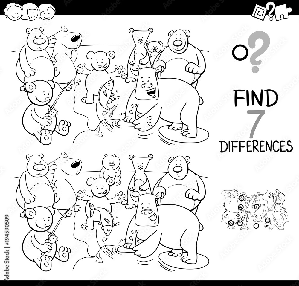 differences game with bear characters color book
