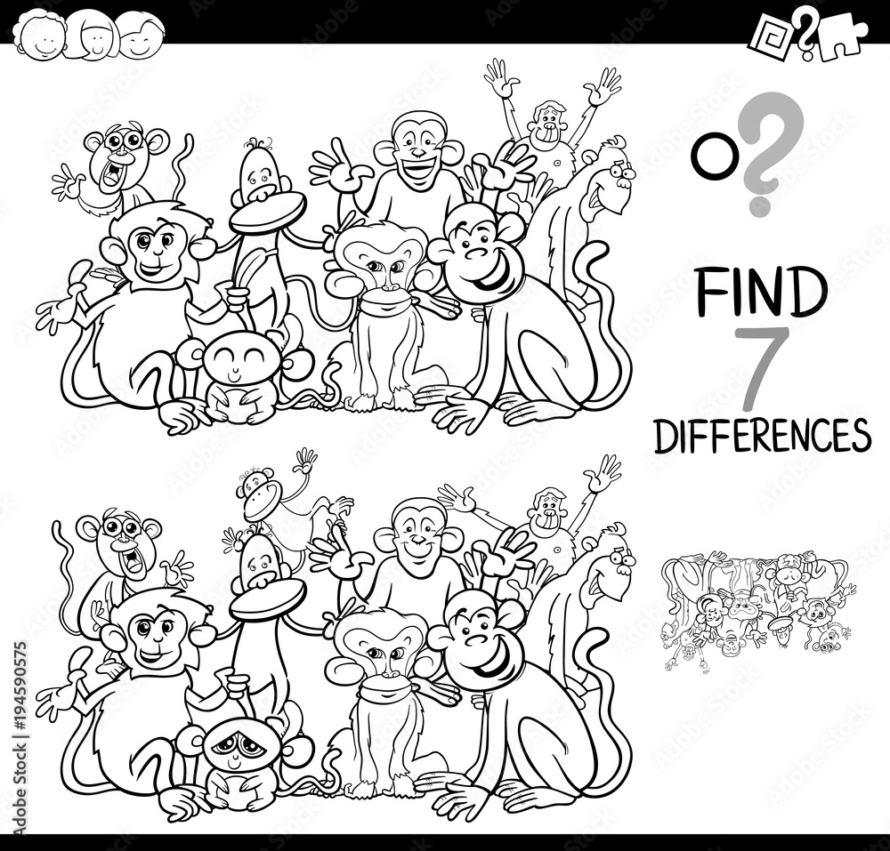 differences game with monkeys coloring book