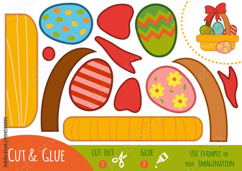 Education paper game for children, Easter basket with colored eggs