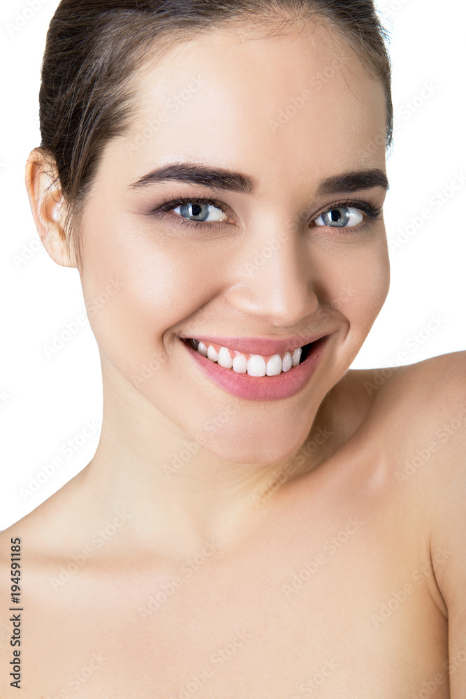 Beauty female portrait. Laughing woman mouth with great teeth over white background. Healthy beautiful female smile. Teeth health, whitening, prosthetics and care. Beauty female portrait. Laughing woman mouth with great teeth over white background. Healthy beautiful female smile. Teeth health, whitening, prosthetics and care.