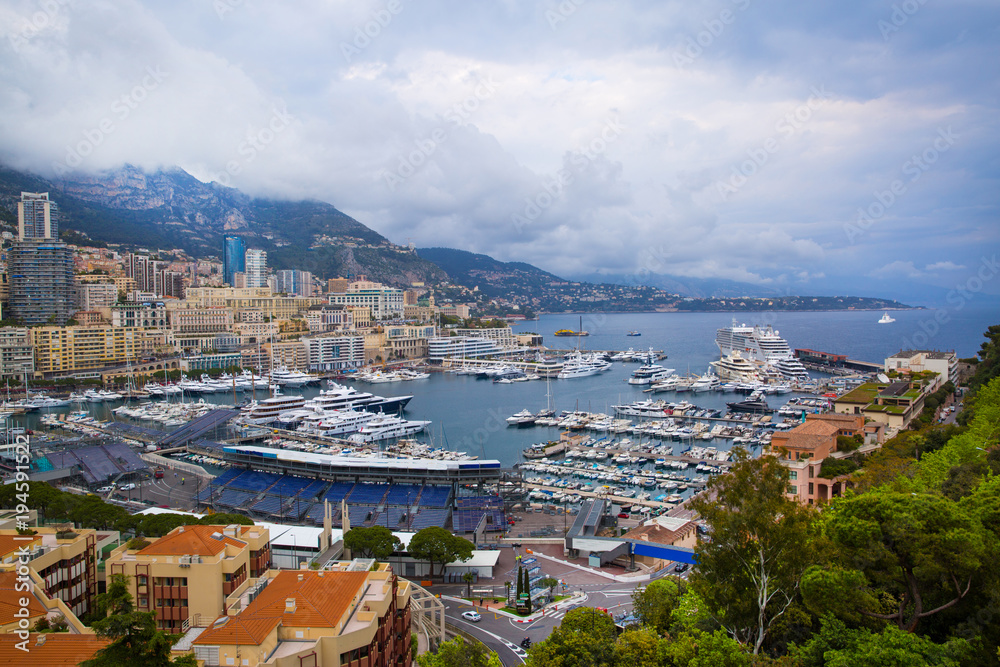 Monaco, panoramic view of port de Fontvieille. French riviera, azur coast. Bay with a lot of luxury yachts.