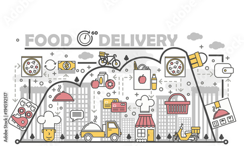 Food delivery concept vector flat line art illustration