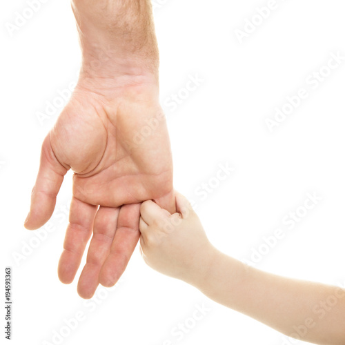 Hands. Father's and his son's hands. Dad and kid hands over white. Male and children hands closep, isolated on white background. Family, trust, protecting, care, parenting, parenthood concept.