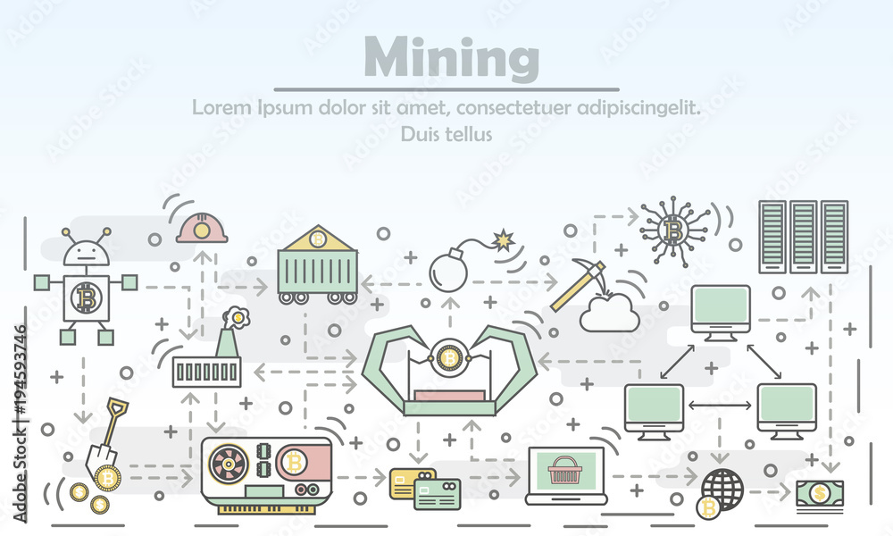 Bitcoin mining concept vector flat line art illustration