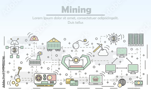 Bitcoin mining concept vector flat line art illustration © skypicsstudio