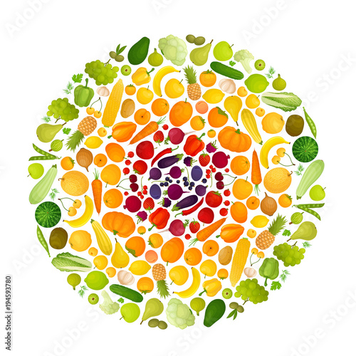 A round range of different vegetables and fruits. Vector illustration. Multicolored food is divided into colors by the circle.