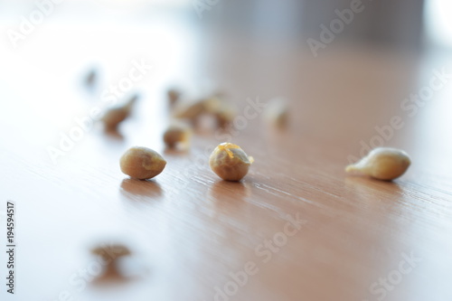 Bones of mandarin scattered on the table.