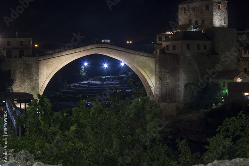 Night view of the famous bridge of Mostar