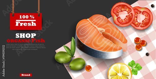 Salmon steak Vector realistic. Organic fish meat dark background. 3d illustra...