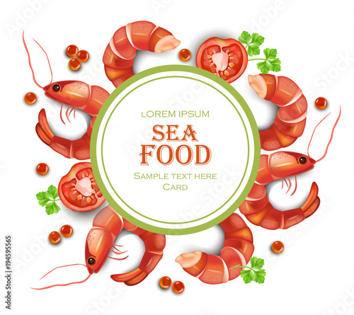 Shrimps card Vector realistic. Round frame seafood templates 3d illustrations