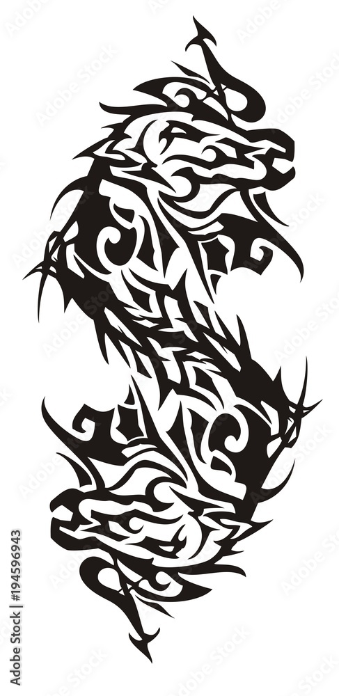 Monster-horse tribal double symbol. Terrible peaked double symbol of a black horse on a white background