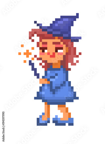 Pixel art, friendly witch in blue hat and dress putting spell with magic wand isolated on white background. Halloween character. Old school 8 bit slot machine icon. Retro 80s,90s video game graphics.