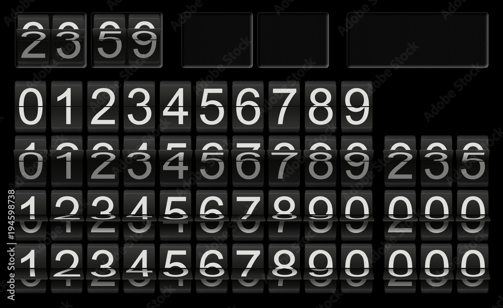 Black flip clock template with numbers in different flip situations for