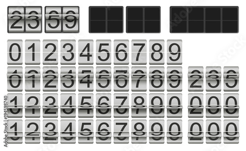 White flip clock template with numbers in different flip situations for individual scoreboard setup