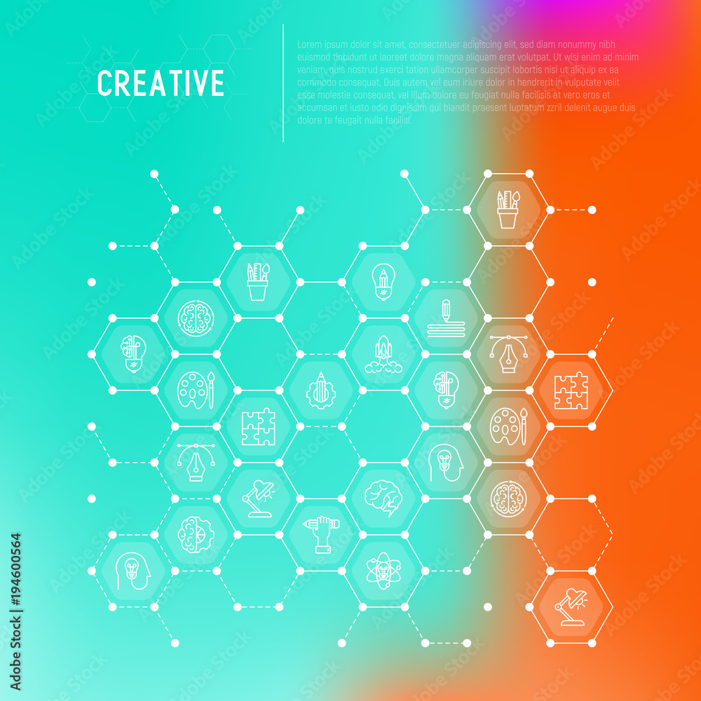 Creative concept in honeycombs with thin line icons: generation of idea, start up, brief, brainstorming, puzzle, color palette, creative vision. Modern vector illustration for web page, print media.
