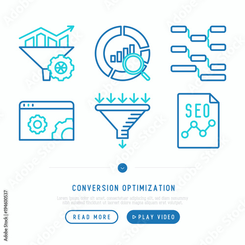 Conversion optimization thin line icons set: marketing, customer management, SEO technology, website promotion, visitors, sales funnel, web traffic. Modern vector illustration.