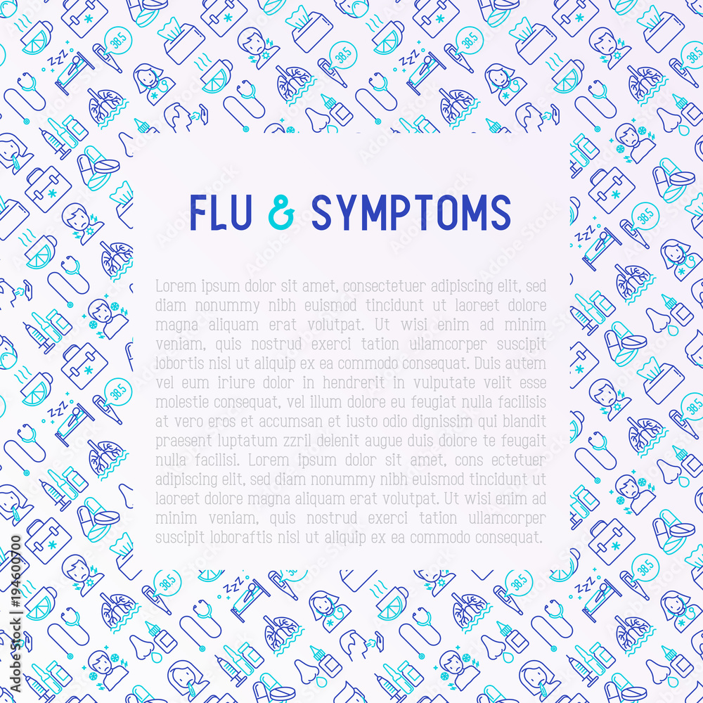 Flu and symptoms concept thin line icons: temperature, chills, heat, runny nose, pills, doctor with stethoscope, nasal drops, cough, phlegm in the lungs. Modern vector illustration for medical report. Flu and symptoms concept thin line icons: temperature, chills, heat, runny nose, pills, doctor with stethoscope, nasal drops, cough, phlegm in the lungs. Modern vector illustration for medical report.