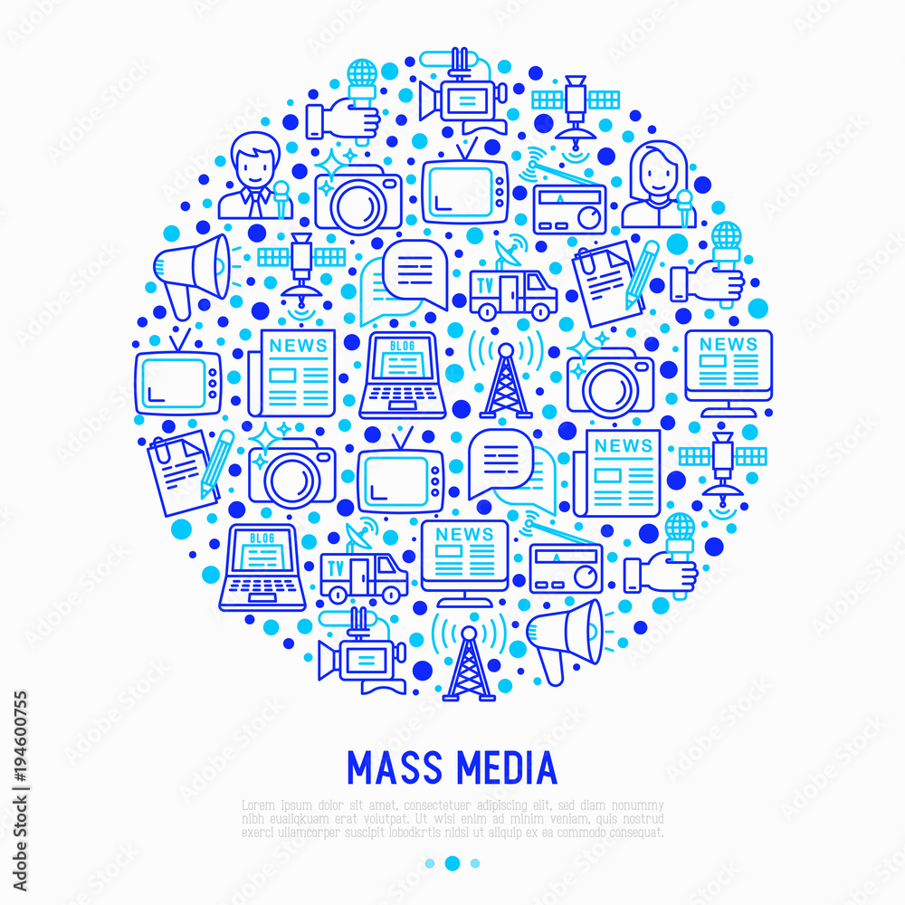 Mass media concept in circle with thin line icons: journalist, newspaper, article, blog, report, radio, internet, interview, video, photo. Modern vector illustration for banner, print media, web page.