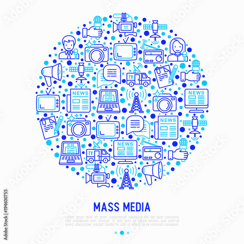 Mass media concept in circle with thin line icons: journalist, newspaper, article, blog, report, radio, internet, interview, video, photo. Modern vector illustration for banner, print media, web page.