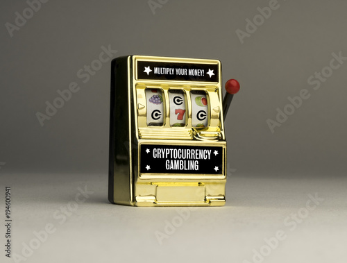 Conceptual casino slot machine to emphasise the reality of cryptocurrency gambling risks, one armed bandit
