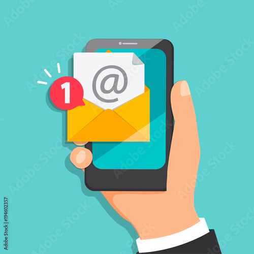 Concept of new letter coming to the email in mobile mail. Notification of one new message in smartphone. Vector illustration.