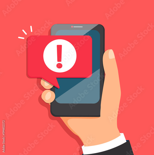 Concept of malware notification or error in mobile phone. Attention message bubble in smartphone. Red alert warning of spam data, insecure connection, scam, virus. Vector illustration. photo