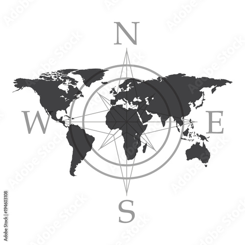 World map and cmpass or rose of winds